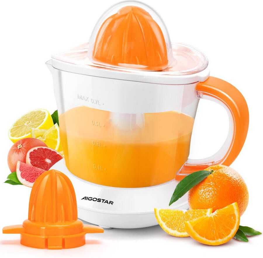 Aigostar Nia Elektrische Citruspers Krachtige Pers voor Verse Citrussap Instelbaar pulpfilter Tweerichtingsrotatie 0.7L 40W Oranje