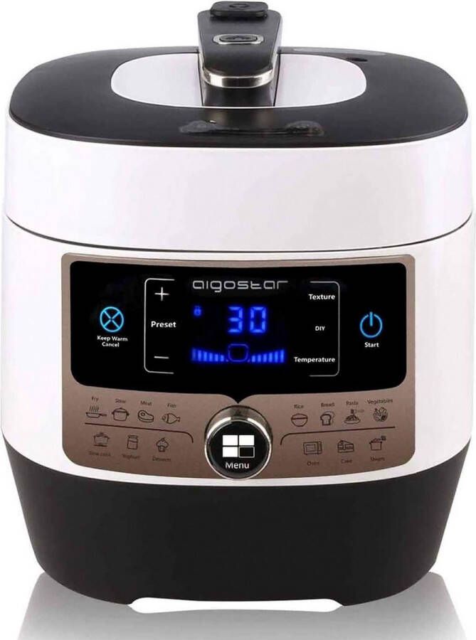 Aigostar 5 Liter Multicooker met receptenboek Rijstkoker met lepel en maatbeker 14 Kookfuncties Slowcooker snelkookpan pressure cooker Wit Zwart Panda 30HGZ