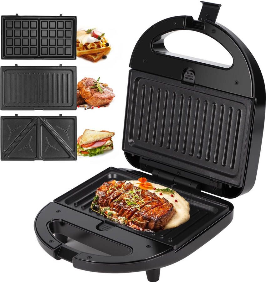 Aigostar 30BTW Tosti ijzer Tosti Apparaat 3 in 1 Wafelijzer Contact Grill 750W Zwart