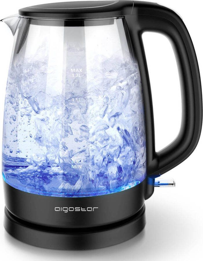Aigostar Adam 30GOM Glazen Waterkoker met LED 1 7L 360° draaibaar Blauw LED verlichting 2200W Zwart