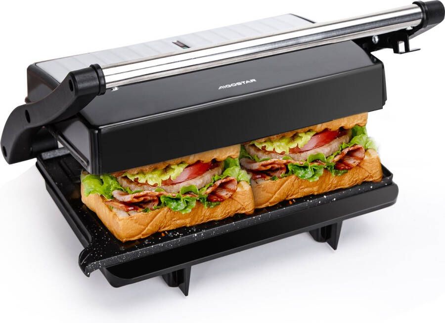 Aigostar York Pro Contactgrill Keramisch Panini Grill met Non-Stick Keramische Plaat- Tosti apparaat 1000W Verticaal opbergbaar RVS Zwart - Foto 2