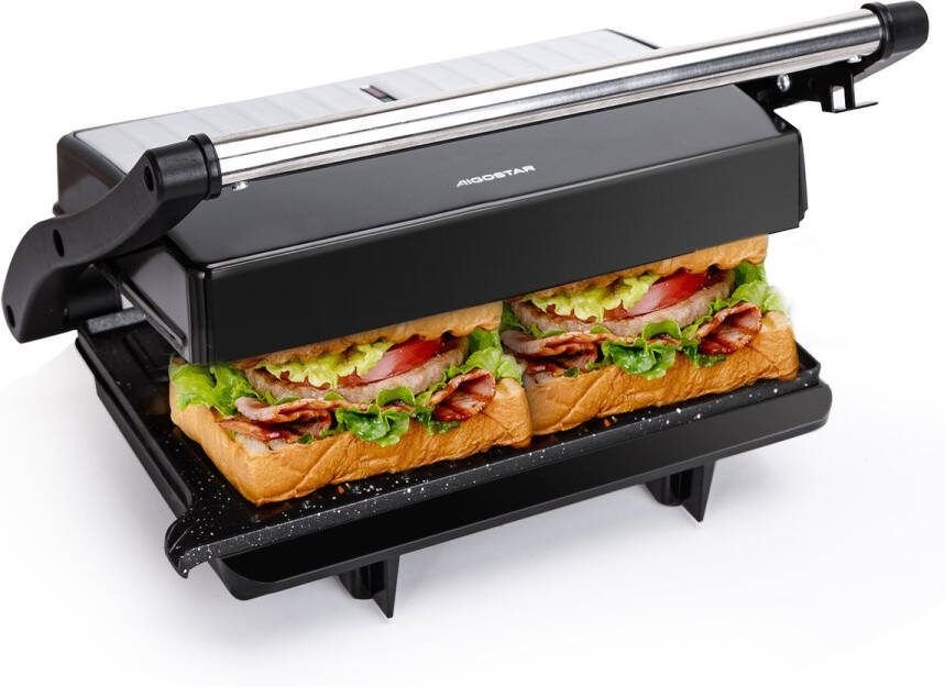 Aigostar York Pro Contactgrill Keramisch Panini Grill met Non-Stick Keramische Plaat- Tosti apparaat 1000W Verticaal opbergbaar RVS Zwart