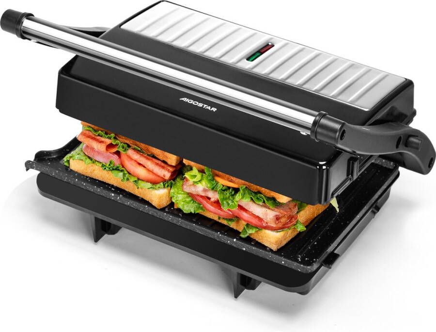 Aigostar York Pro Contactgrill Keramisch Panini Grill met Non-Stick Keramische Plaat- Tosti apparaat 1000W Verticaal opbergbaar RVS Zwart - Foto 1