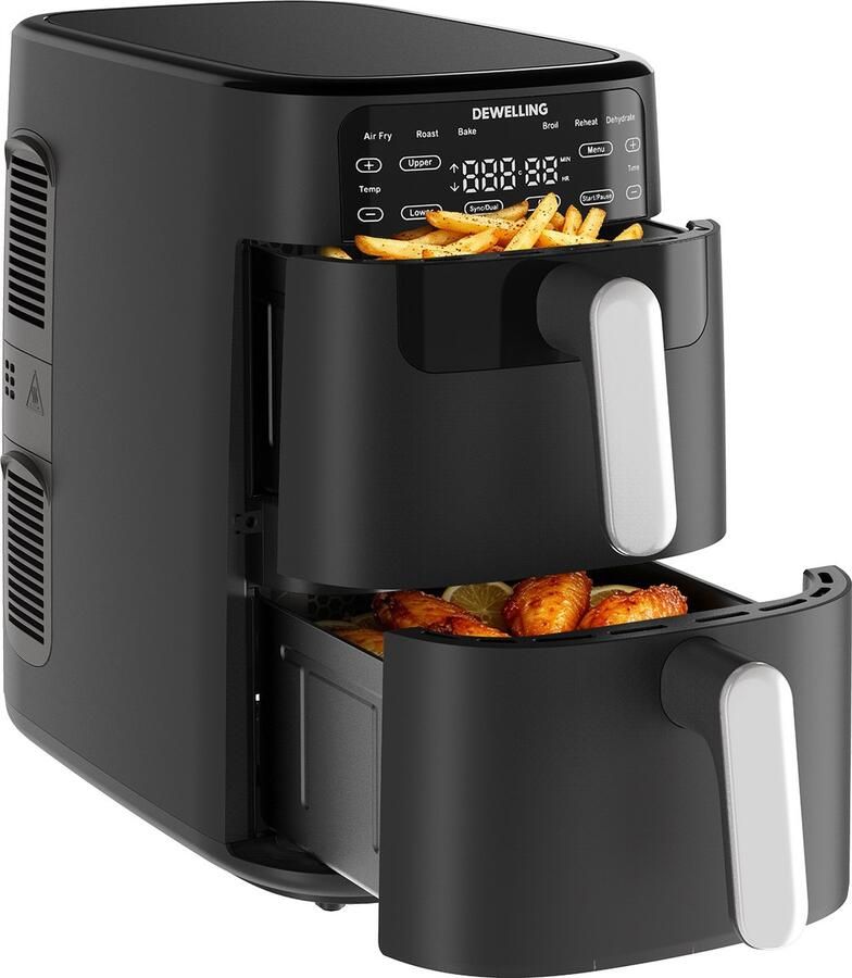 AIMASON 10L XXL Airfryer met dubbele laag 2700W Krachtig Vetvrij Frituren Heteluchtfriteuse met dubbele lade en verticale constructie bespaart 50% ruimte 6-in-1 Kookstanden Grote capaciteit voor thuisgebruik Inclusief Receptenboek