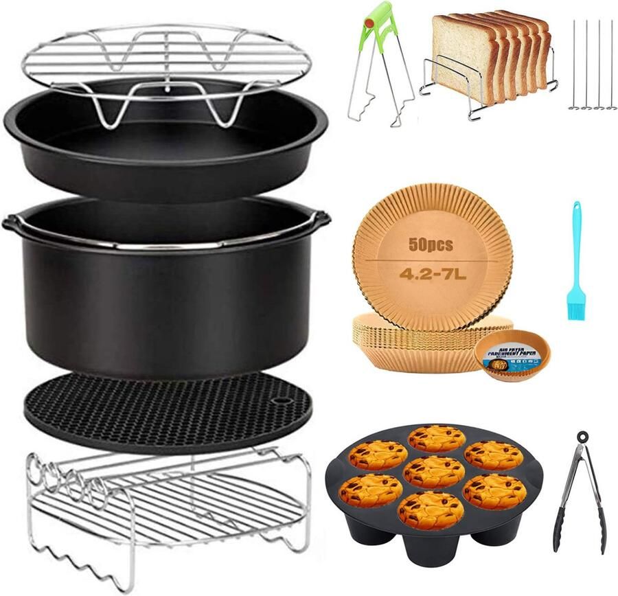 AIMASON 11-delige Airfryer Accessoires Set 8 inch Compatibel met Ninja COSORI GoWISE Philips en COYZA 3.8QT-5.3QT airfryers vanaf 22 cm met cakevorm pizzapan muffinvorm grillrek spiesrek bakpapier tang kwast en RVS siliconen accessoires