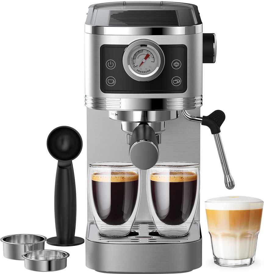 AIMASON 20 Bar Espressomachine met Ingebouwde Drukmeter Compacte Professionele Koffiemachine (20 cm Breed) met Afneembaar Waterreservoir van 1.3L en Instelbaar Volume voor 1-2 Kopjes Zilver