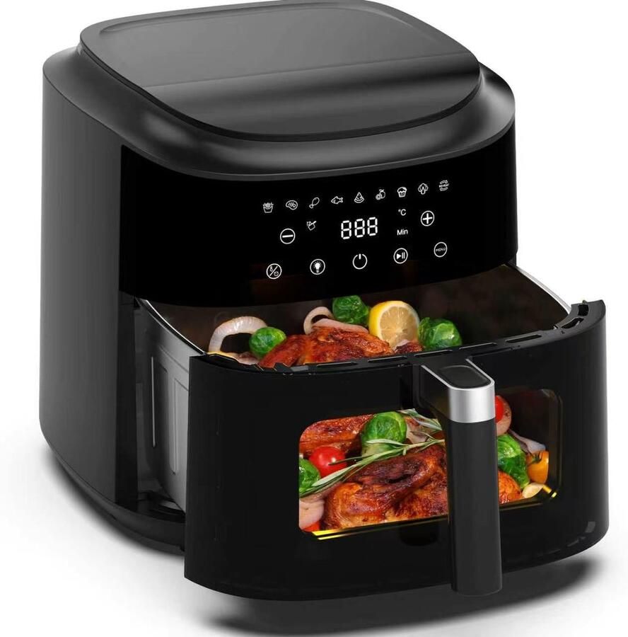 AIMASON 80D10W XXL Airfryer 9L Heteluchtfriteuse met Kijkvenster – 2350W 360° Heteluchtcirculatie – 40-200°C Smart LED touchscreen 9 Slimme Voorgeprogrammeerde Instellingen