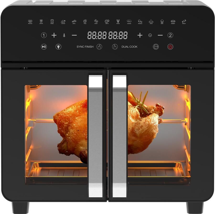 AIMASON AFTO-2301DT Airfryer 23L Dual Zone XXL Airfryer met Franse Deuren Heteluchtfriteuse Oven met Dubbele Kamer 15 Programma's 2200 W 12 Accessoires Verwijderbare Tussenwand voor Kookruimte 50-200°C
