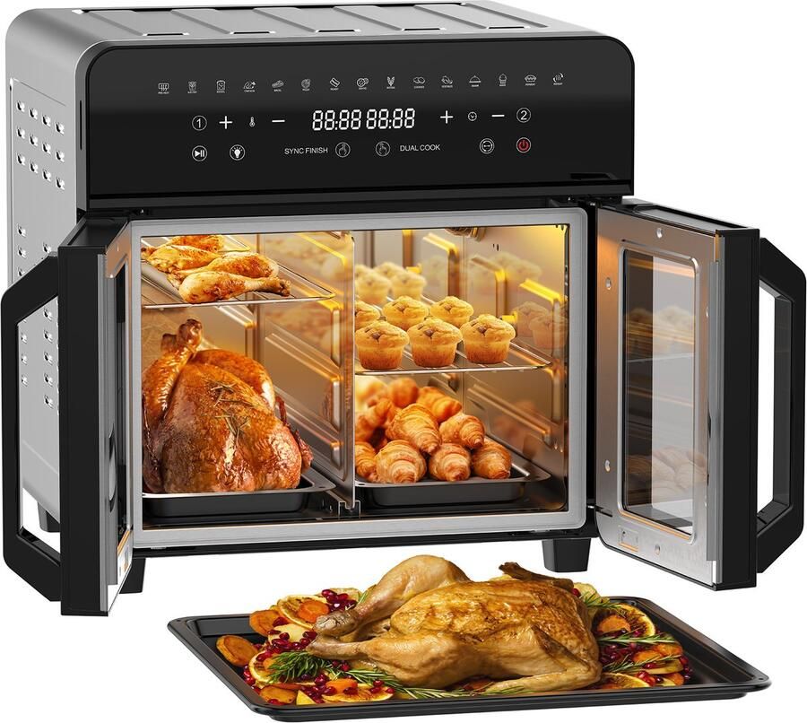 AIMASON AFTO-2301DT XXL Airfryer 23L grote capaciteit Heteluchtfriteuse met afneembaar tussenstuk en dubbele franse deuren 2200W krachtige dubbele kookzone 15 voorgeinstelde kookprogramma s 12 handige accessoires