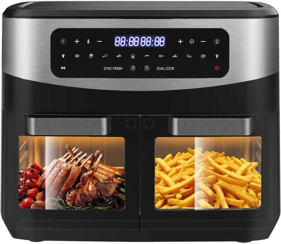 AIMASON Airfryer 12L Grote capaciteit – 2600W Multifunctionele Heteluchtfriteuse met Dubbele Zone Onafhankelijk Koken Verwijderbare Tussenwand Dubbel Gelijktijdig Koken Met Kijkvenster 10 Vooraf ingestelde Menu's 50–200°C