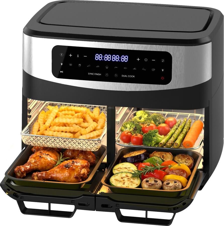 AIMASON Airfryer 12L grote inhoud 2600W met dubbele bakruimte en kijkvenster- Dual Zone Heteluchtfriteuse met uitneembare scheidingswand 10-in-1 Eenvoudig schoon te maken Vetarm koken zonder olie Recepten