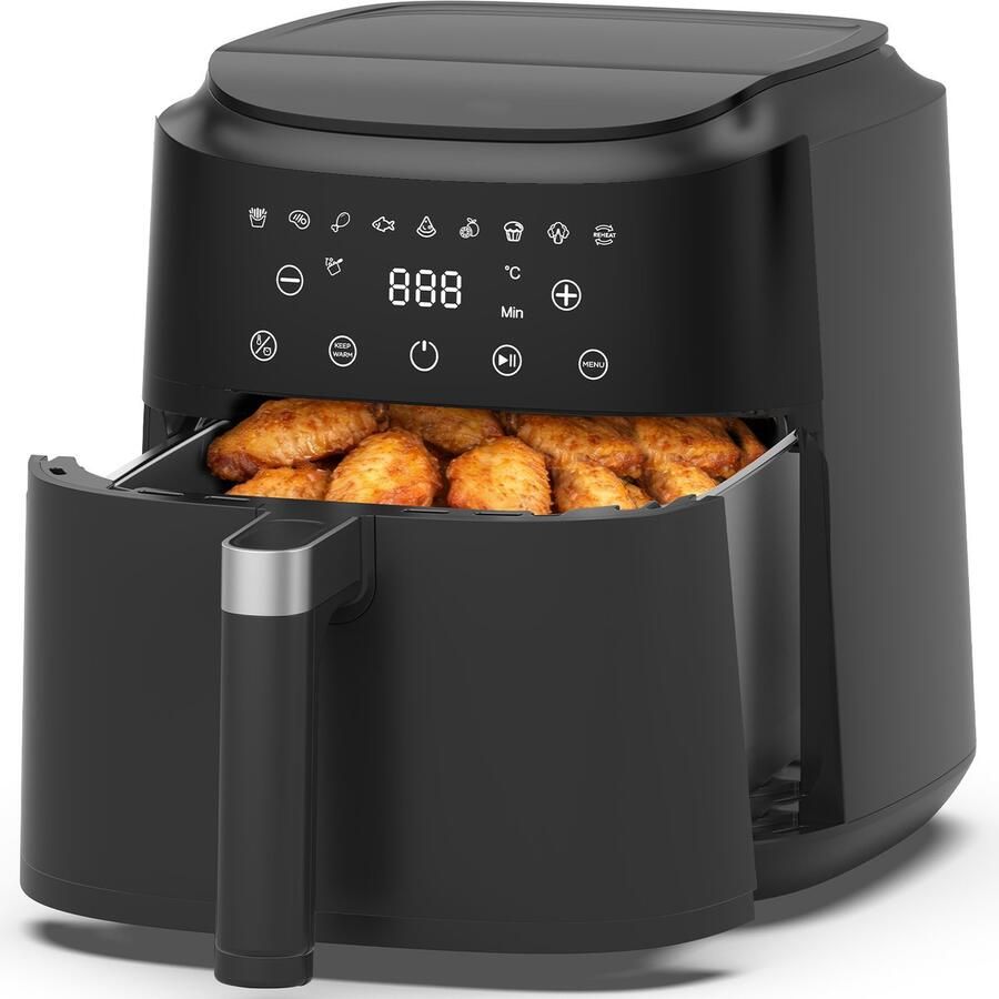 AIMASON Airfryer 9 programma's Metalen binnenkant 1650W voor gelijkmatig bakken 6L Heteluchtfriteuse LED-scherm Warmhoudfunctie Olievrije airfryer voor gezinsmaaltijden Receptenboek