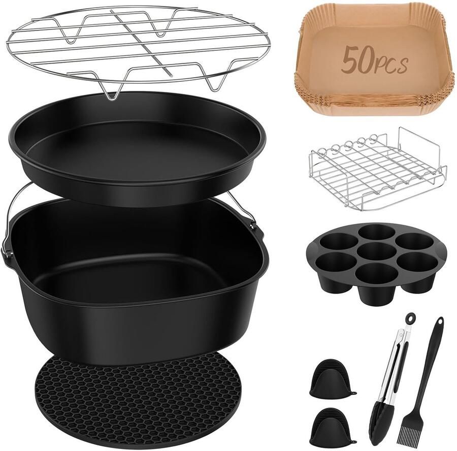 AIMASON Airfryer Accessoires Set 11-delig – Multifunctionele Bakset voor Airfryer – Universele Roestvrijstalen en Siliconen Accessoires (≥22cm)