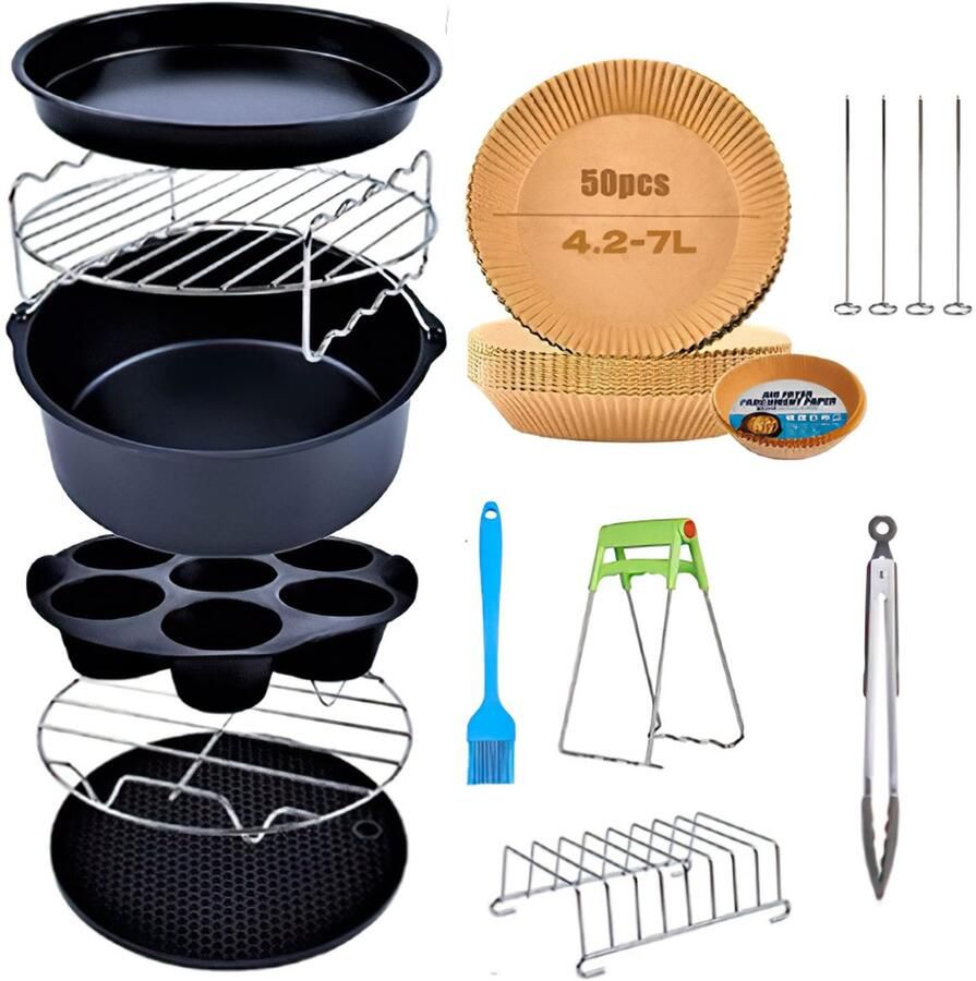 AIMASON Airfryer Accessoires Set 11-delig – Multifunctionele Bakset voor Airfryer – Universele Roestvrijstalen en Siliconen Accessoires (≥22cm)