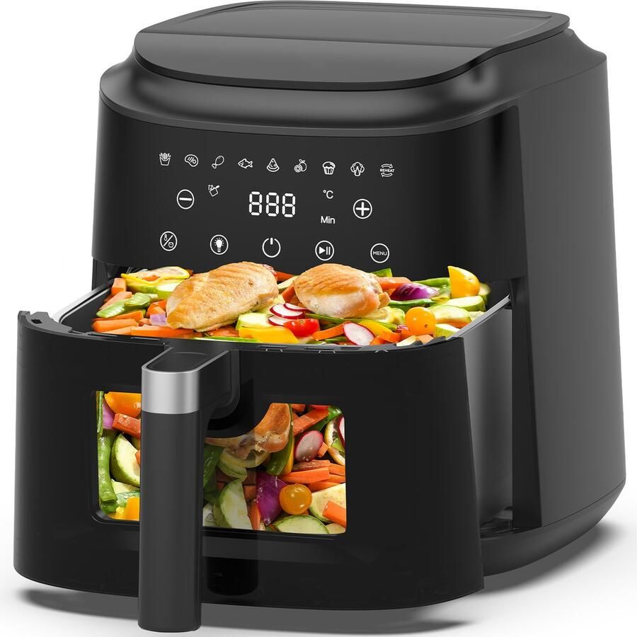 AIMASON Airfryer met transparant kijkvenster 6L Heteluchtfriteuse 9 voorgeprogrammeerde kookstanden 1650W vermogen voor supersnel bereiden Warmhoudfunctie Metalen binnenpan LED-display Receptenboek Olievrije heteluchttechniek