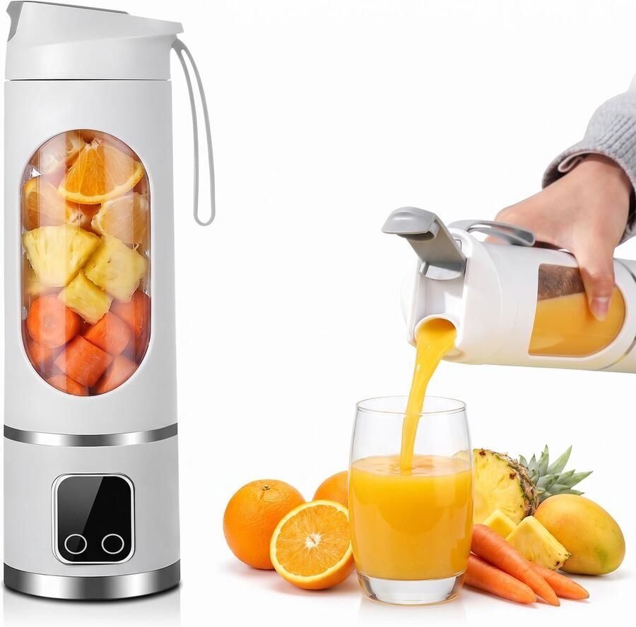 AIMASON Draagbare blender 450 ml USB-oplaadbare smoothiemaker met 12 messen en LED-display Drinkdeksel siliconen draaglus Wit 500g Lichtgewicht 3 Snelheden 12000 RPM Smoothie Maker To-Go Beker voor Shakes Sport Reizen Kantoor