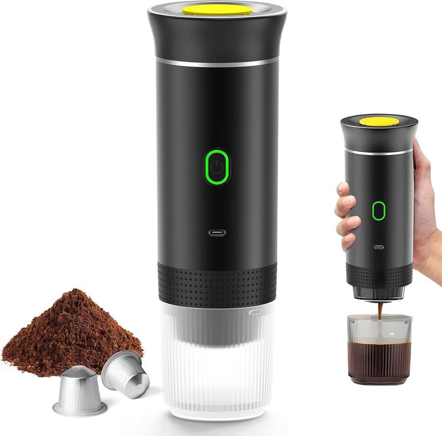 AIMASON Draagbare Koffiemachine 3-in-1 Capsule – Nespresso & Dolce Gusto & Koffiepoeder Compatibel – USB-C Oplaadbaar 3×2500mAh Powerbank – 60ml Espressomachine Koffiezetapparaat Camping Auto Kantoor Reizen Trein – Zwart Snoerloos