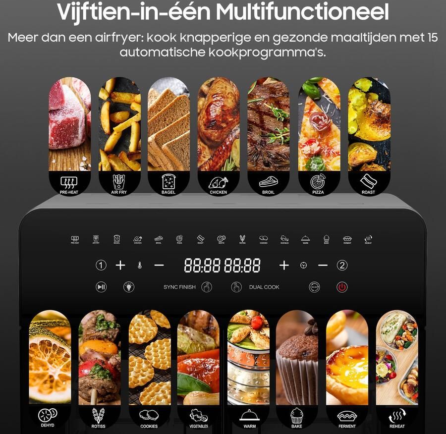 AIMASON AFTO-2301DT Airfryer 23L Dual Zone XXL Airfryer met Franse Deuren Heteluchtfriteuse Oven met Dubbele Kamer 15 Programma's 2200 W 12 Accessoires Verwijderbare Tussenwand voor Kookruimte 50-200°C