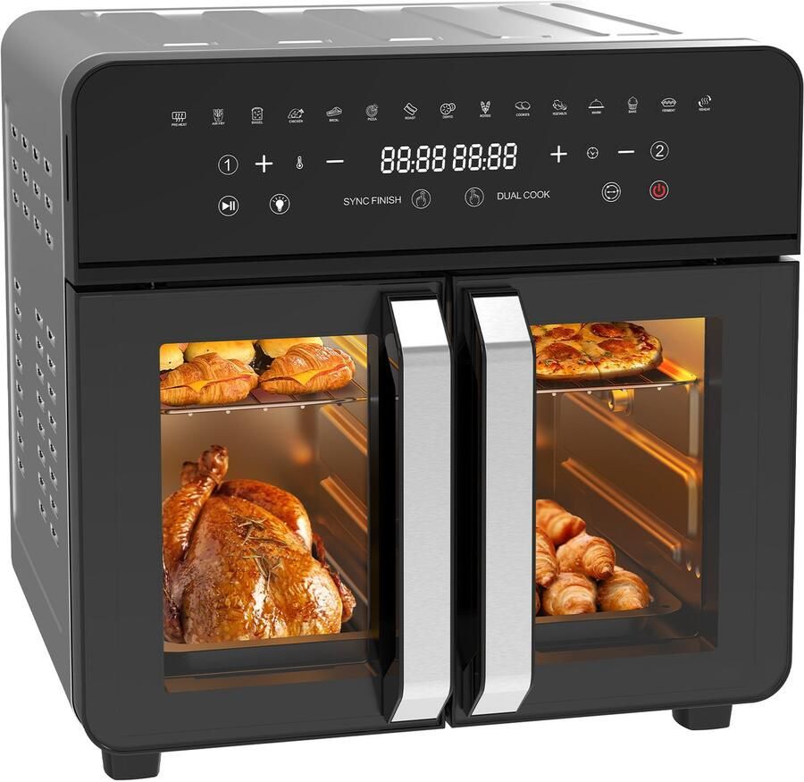 AIMASON AFTO-2301DT Airfryer 23L Dual Zone XXL Airfryer met Franse Deuren Heteluchtfriteuse Oven met Dubbele Kamer 15 Programma's 2200 W 12 Accessoires Verwijderbare Tussenwand voor Kookruimte 50-200°C