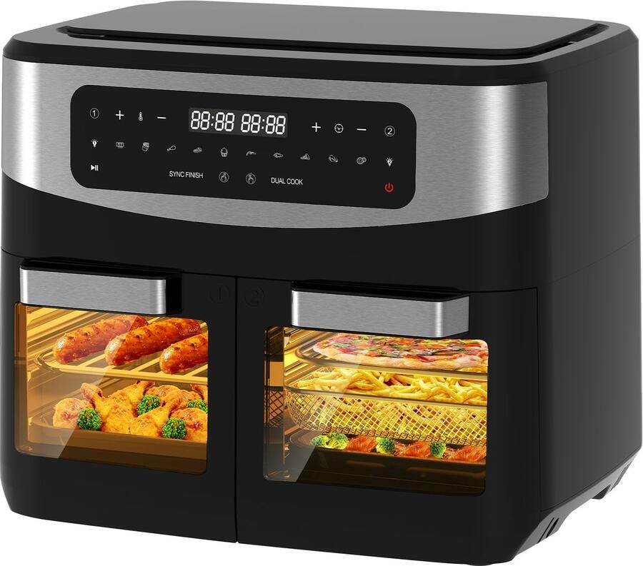 AIMASON KDFO-5511DTW Heteluchtfriteuse 2600W Airfryer met dubbele bakruimte en kijkvenster- Dual Zone 12L met uitneembare scheidingswand 10-in-1 Eenvoudig schoon te maken Vetarm koken zonder olie Recepten