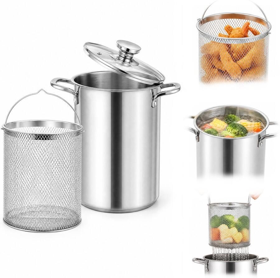 AIMASON Niet-elektrische Frituurpan met Glazen Deksel 304 RVS Kookpan met Uitneembare Frituurmand Voor het Frituren van Friet en Snacks en het Koken van Groenten en Pasta Afgieten en Uitlekken Dubbele Zijhandgrepen 26 x 16 cm Zilver