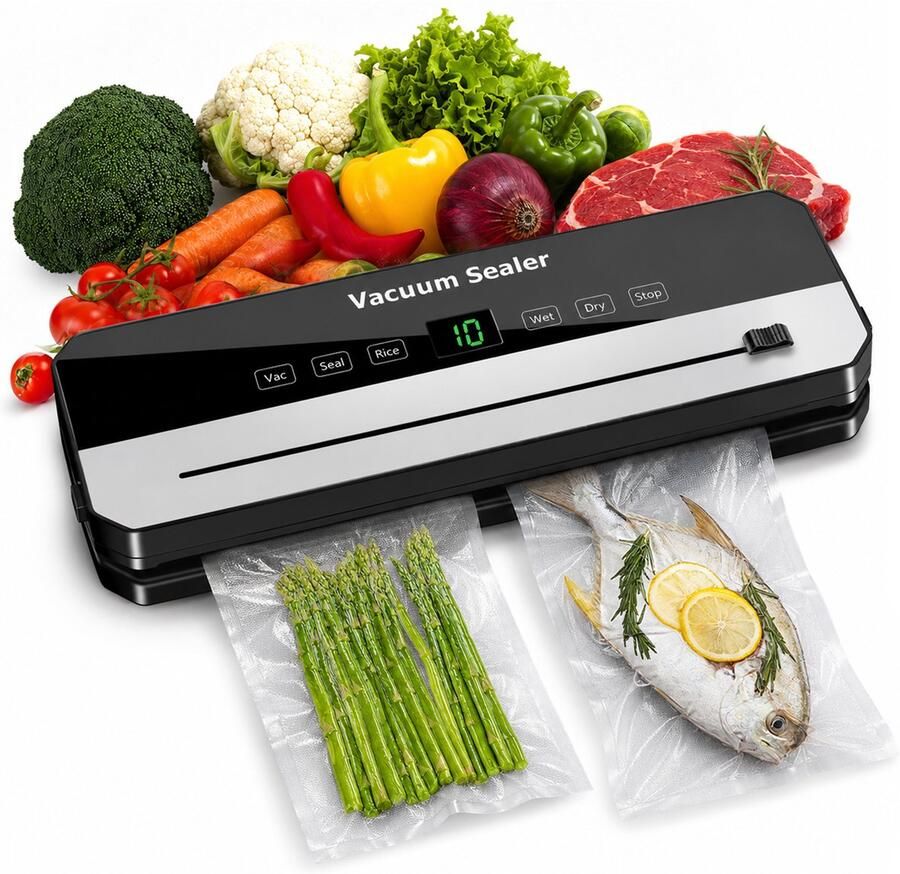 AIMASON Vacumeermachine Vacuüm Sealer Foodsaver 6 in 1 voor Droog & Nat Voedsel BPA-vrij Incl. 10 vacuumzakken Geschikt voor Sous Vide Zwart