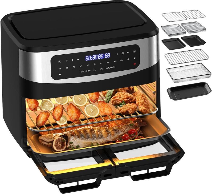 AIMASON XXL 12L Airfryer KDFO-5511DTW – 2600W Multifunctionele Heteluchtfriteuse met Dubbele Zone Onafhankelijk Koken Verwijderbare Tussenwand Dubbel Gelijktijdig Koken Met Kijkvenster 10 Vooraf ingestelde Menu's 50–200°C