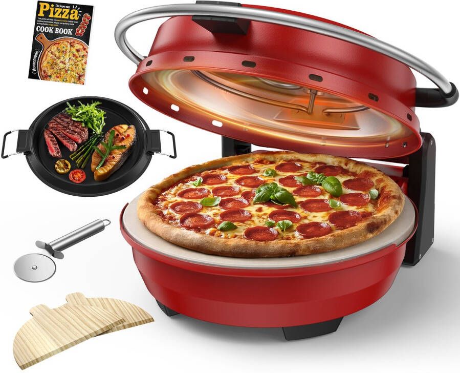 AIRMSEN 2-in-1 Elektrische Pizzaoven met Grillplaat thuis – 4 Min Pizza 5 Temperatuurniveaus 32cm Pizzasteen Max 400°C 1500W Rood Voor Thuis & Keuken