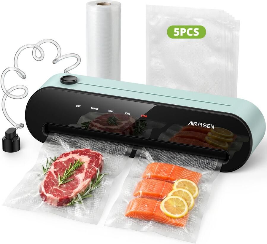 AIRMSEN Automatische Vacumeermachine Vacuüm Sealer voor Thuis Met Ingebouwde Foliesnijder Externe Aansluiting & Pulse-functie Incl. 1 Rol Folie & 5 Vacuümzakken Groen