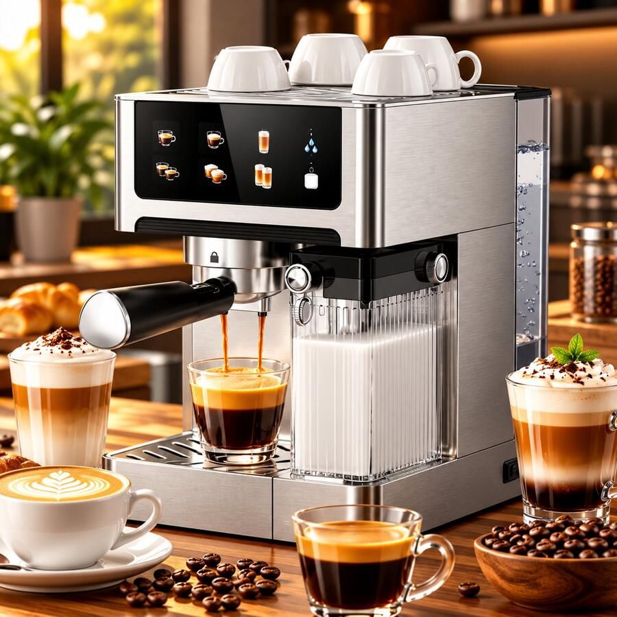 AIRMSEN Espressomachine 20 Bar met Touchscreen & Automatische Melkopschuimer – 1350W – RVS – Espresso Cappuccino & Latte – Koffiemachine met Kopjeswarmer