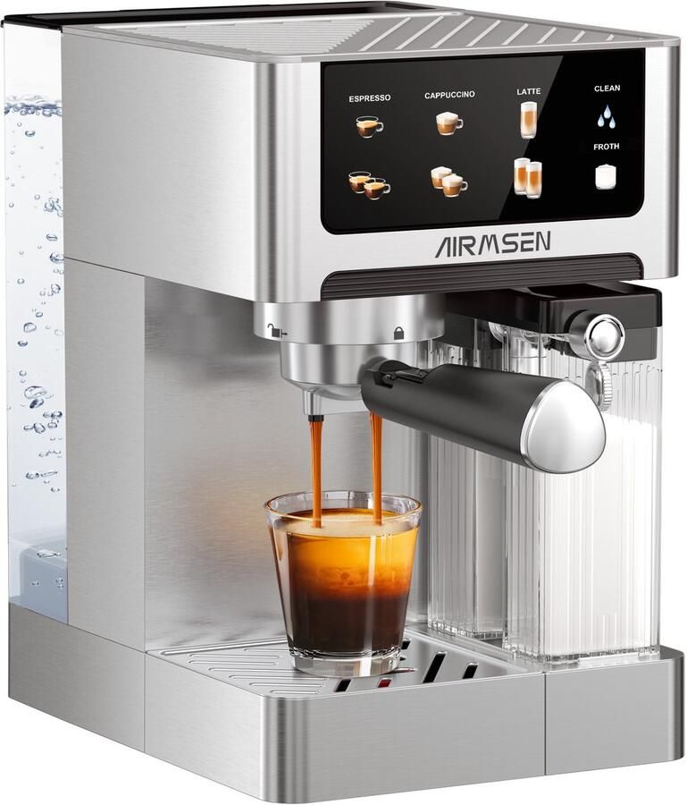 AIRMSEN -3-in-1-Espresso-Koffiezetapparaat-20 Bar-met automatische melkschuimer-1.8L waterreservoir-(1350 W + 1000 W) dubbele ketelverwarming-snel prepareren-LCD-touchscreen-roestvrij staal-kan maken-Cappuccino-Latte