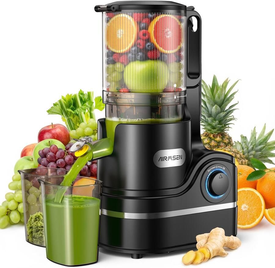 AIRMSEN Slowjuicer Sapcentrifuge voor Groenten en Fruit 15 cm Grote Vulopening Zeefloos & Vaatwasserbestendig BPA-vrij