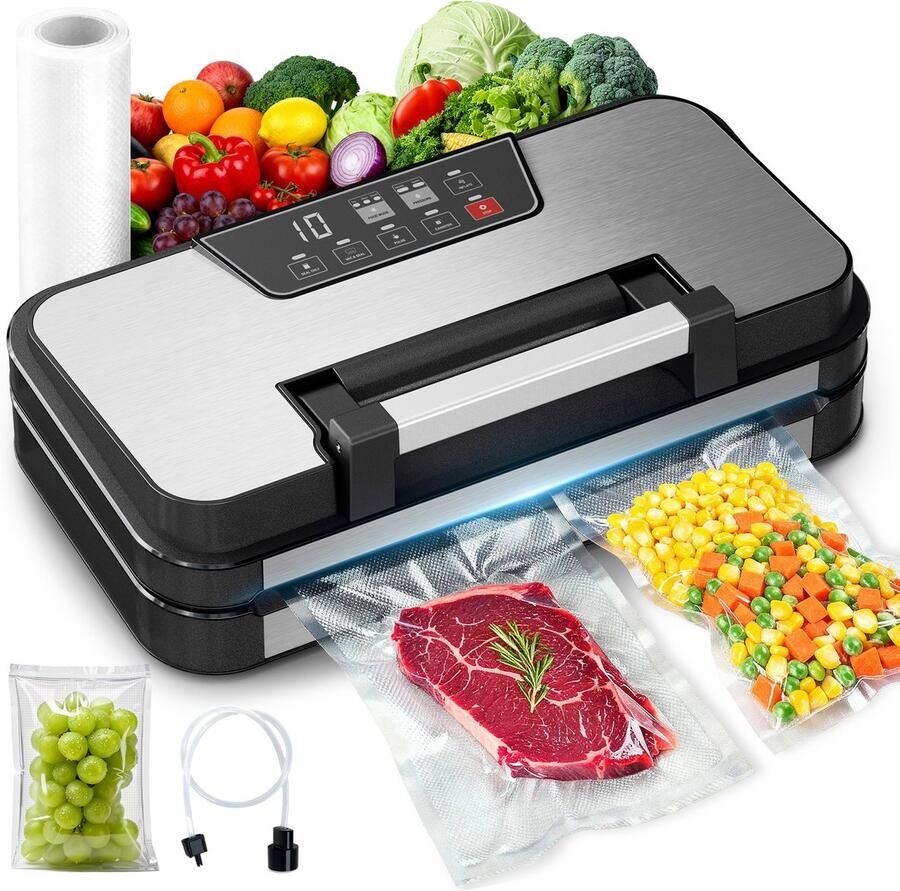 AIRMSEN Voedsel vacuümsealer met Dubbele Pomp 4 Modi 3 Voedseltypes Ingebouwde Snijder & LCD-Timer- Inclusief Vacuümzakken
