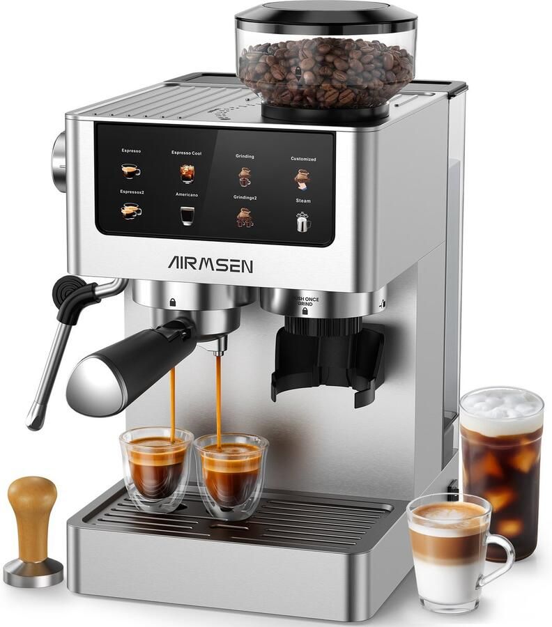 AIRMSEN Volledig Automatisch Espressomachine Met Kegelmolen Stoommelkfroster 20 Bar Touchscreen Roestvrij Staal 1.8L Watertank Geschikt Voor Cold Brew Amerikaans Huishoudelijk Koffiezetapparaat