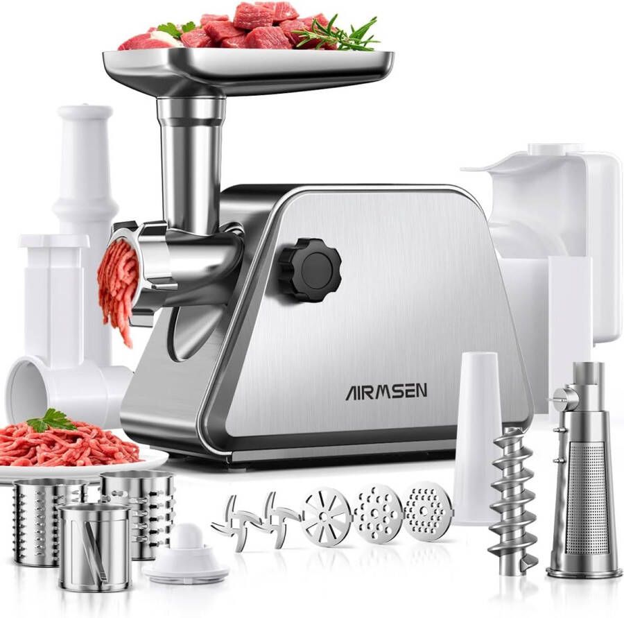 AIRMSEN Elektrische Vleesmolen 5-in-1- 3000W RVS 2 Messen 3 Maalschijven Tomatenpers Groente Snijaccessoires Kubbe & Worstmaker