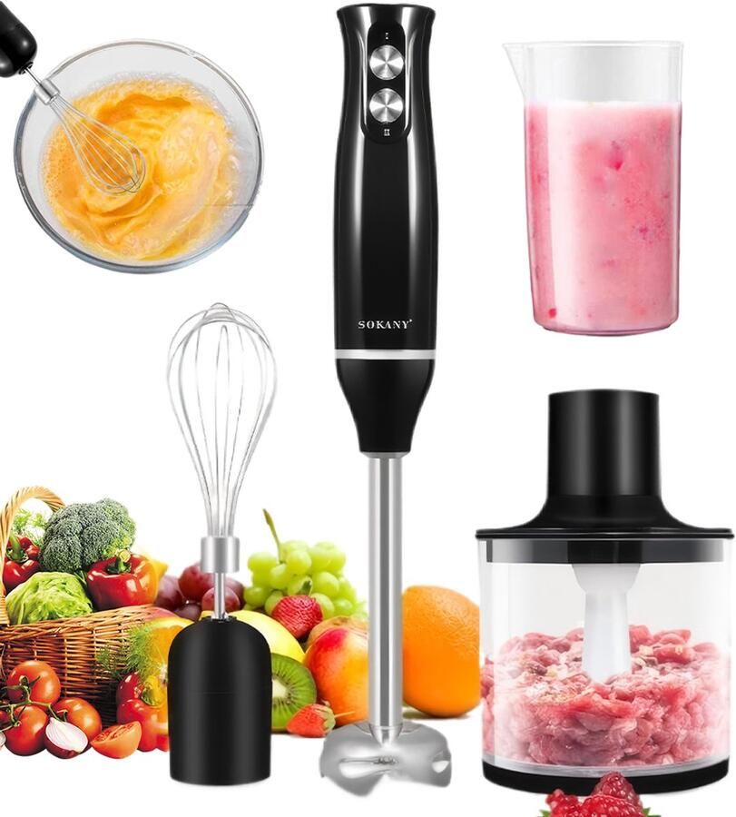 AKKEE Staafmixer 500W Elektrische Handblender met Roestvrijstalen Messen 2 Snelheden Handmixer voor Pureren Mengen en Hakken Zwarte Keukenmixer