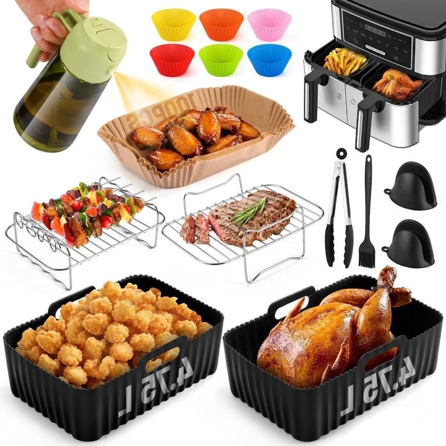 Allecto Plus Heteluchtfriteuse-accessoires 16 stuks voor Dual Zone Air Fryer met Siliconen Vormen Rooster Oliesproeier Handschoenen Tangen Compatibel met Ninja COSORI Cookwise 8 5-9 5L