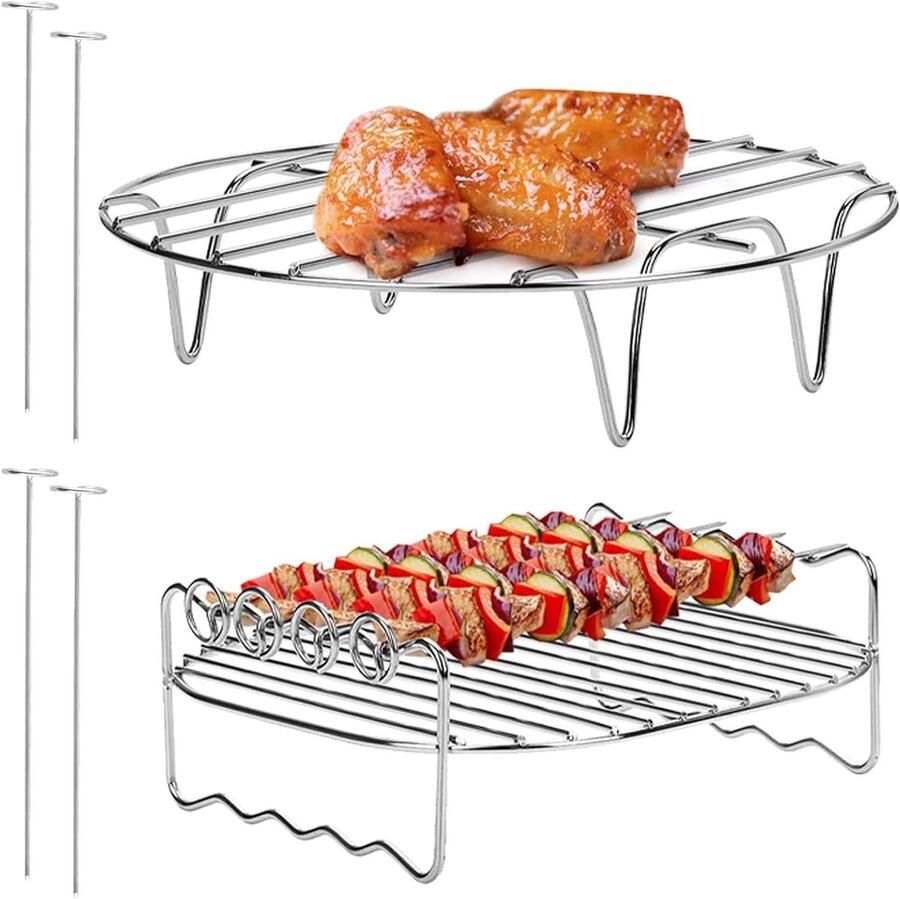 Allecto Plus Hot Air Fryer Accessoires RVS Multifunctioneel Dubbellaags Rek 7 Inch Inclusief 4 Baknaalden