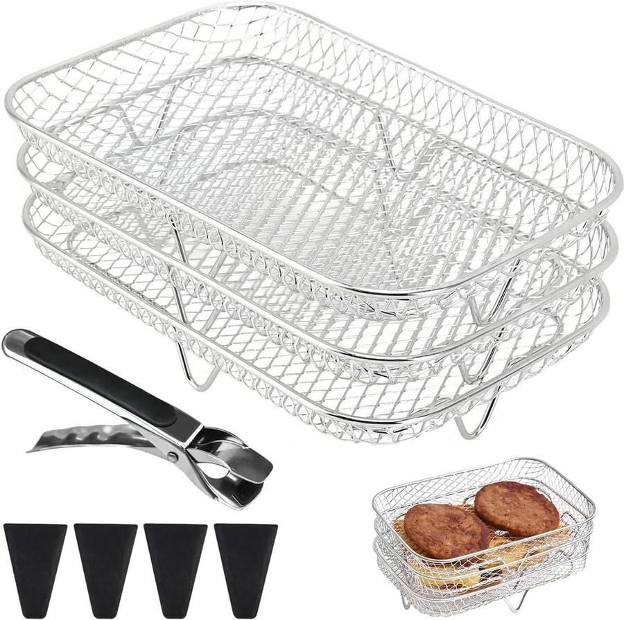Allecto Plus Stapelbare manden voor airfryer van roestvrij staal set van 3 19 x 13 x 45 cm Frytter roestvrijstalen manden Stapelbaar en inclusief 4 siliconen voeten Inclusief airfryer-tang Keukenaccessoire Duurzaam materiaal