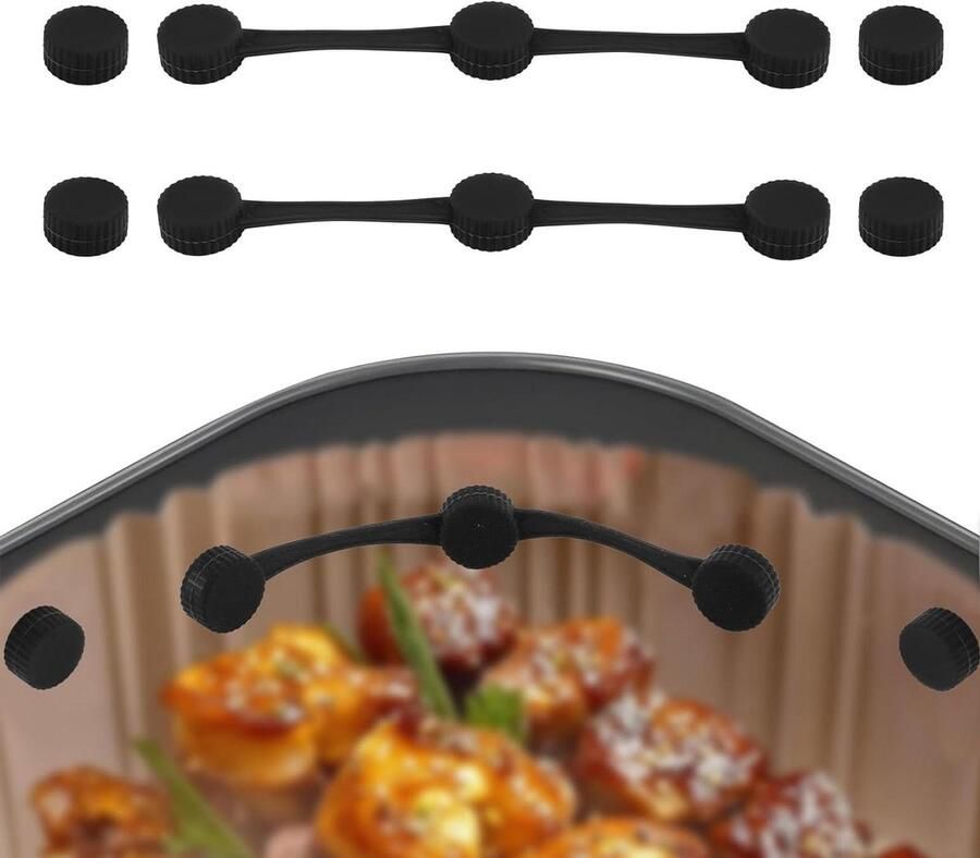 Allecto Plus Universele Airfryer Accessoires Siliconen Strips en Gespen Bescherm Mand tegen Krassen Papieren Voering Zwart Optimaliseer uw Airfryer met deze handige accessoires!