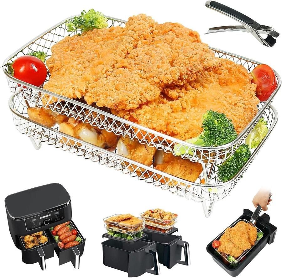 Allecto premium Airfryer racks groot roestvrijstalen rek voor dubbele lade airfryers met clip Accessoires voor extra ruimte Geschikt voor XL friteuses Inclusief dubbele paal 2 lagen Voor Ninja Tower Instant Vortex en meer