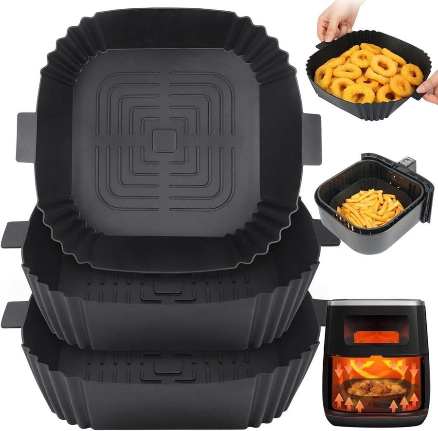 Allecto premium Set van 3 Siliconen Airfryer Liners 20 cm Vierkante Luchtfriteuse Voeringen Accessoires voor Airfryer Geschikt voor merken Gemakkelijk te reinigen Hittebestendig Duurzaam