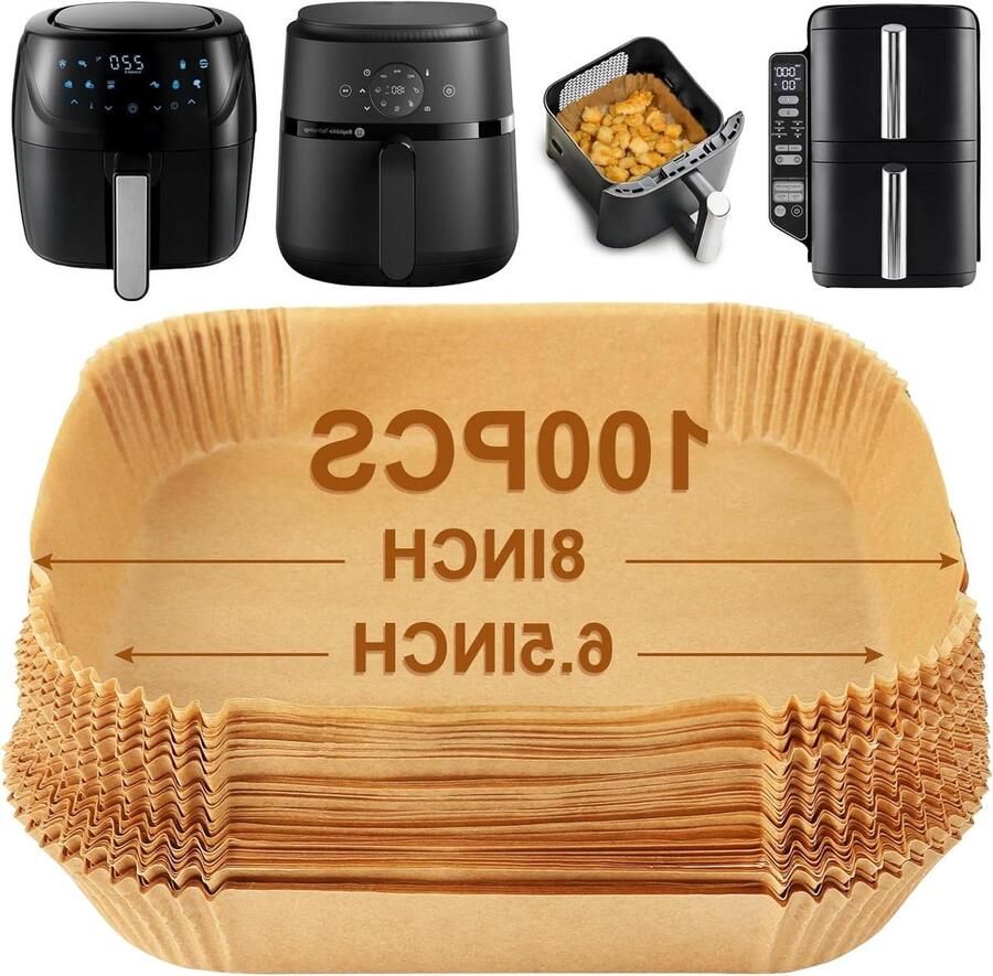 Allecto premium Voor 100 stuks Air Fryer Liners Wegwerp Liners Accessoires voor Air Fryer Manden Ongebleekt Frituurpan Papiervoering