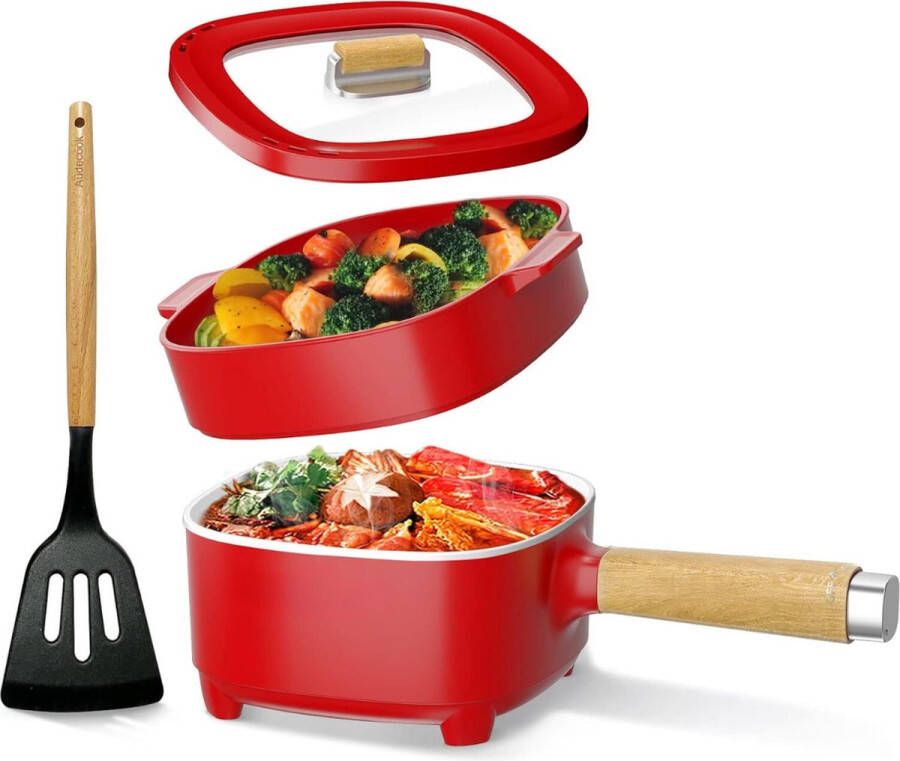 ALLGoods. Hotpot Electrisch – Kaasfondue Pan Elektrische Multipan – Multifunctioneel 2L Chinese Fondue 350 800Watt – Saute Pan – Friteuse – Hete Pan- Stomer – Langzame Kookplaat – Gemakkelijk Schoon te Maken Rood