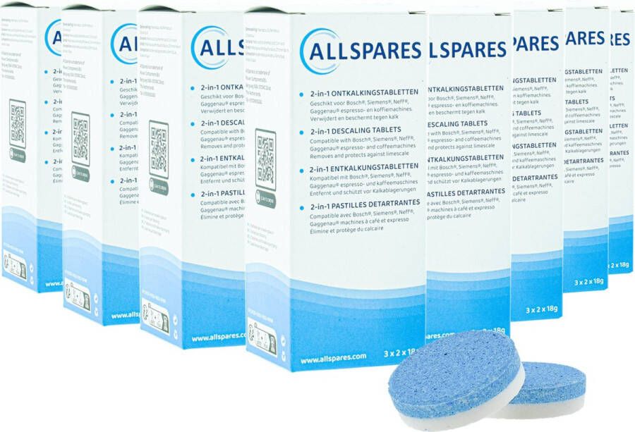 AllSpares 2-in-1 Ontkalkingstabletten (48x 18gr Tabs) geschikt voor koffiemachines van Bosch 311821 311975 TCZ8002 en Siemens Neff Gaggenau 00311975 TZ80002