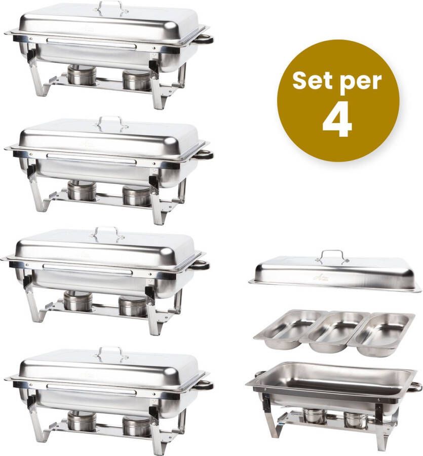 Alora Chafing Dish chrome 3 bakken per 4 Voedsel Verwamer Voedsel Warmhouden met Deksel Buffetwarmer Roestvrij Staal Chrome Earmhoudplaat Bain Marie Warmhoudbakken Warmhoudschalen