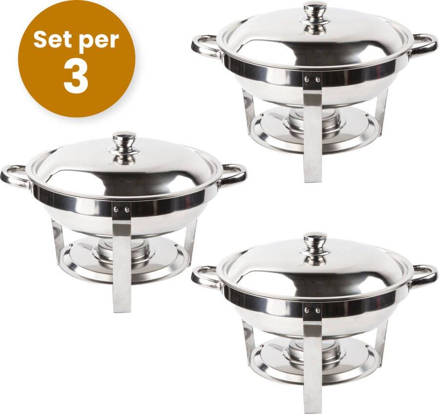 Alora chafing dish rond 4.5L per 3 geschikt voor soep buffet Set van 3 voedsel verwamer voedsel warmhouden met deksel buffetwarmer roestvrij staal 4.5 liter inhoud warmhoudplaat bain maria warmhoudbakken Warmhoudschalen