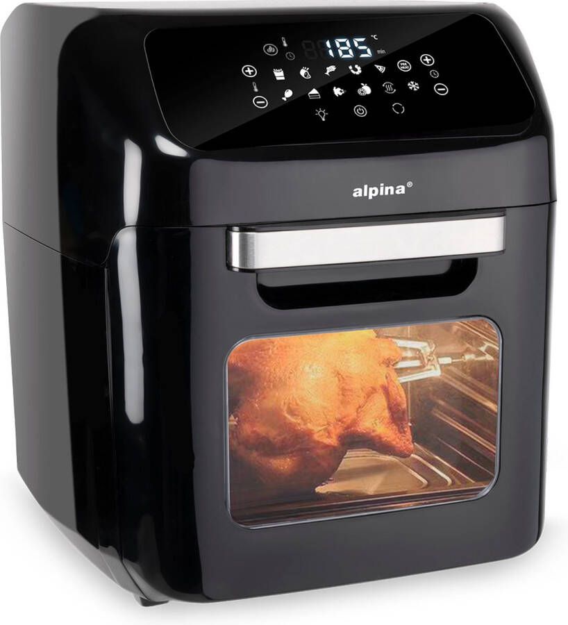 Alpina Airfryer Oven en Hetelucht Friteuse Airfryer XXL 12 L Inhoud 1800W Heteluchtoven met Bak en Grillfunctie Incl. Airfryer Accessoires waaronder Rotisserie Spit en Spitvorken