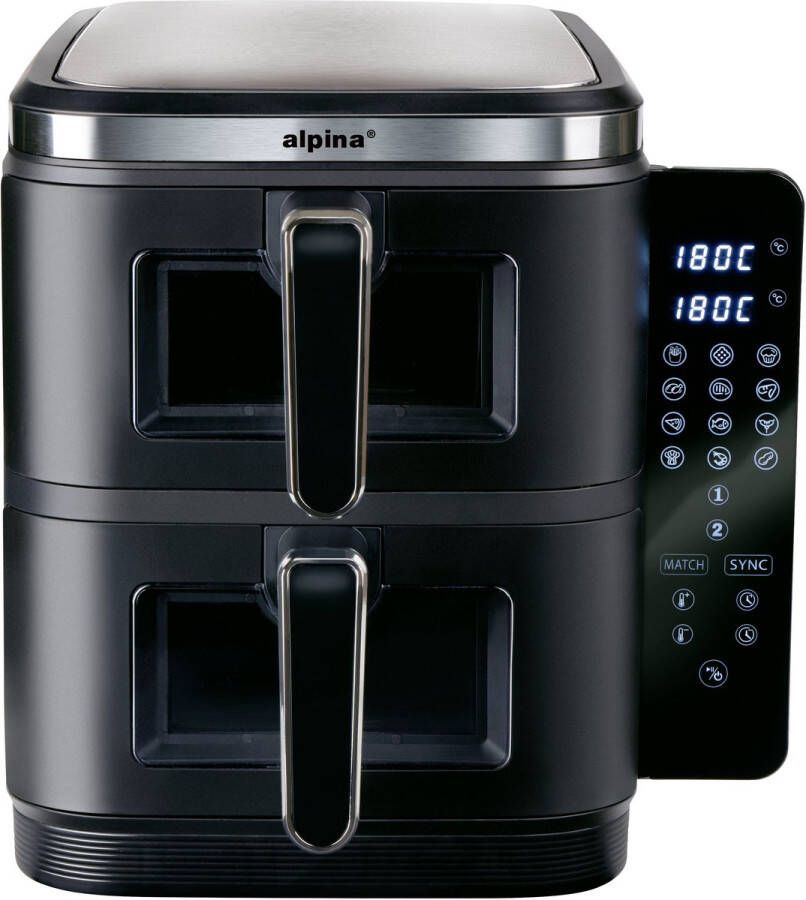 Alpina Airfryer XXL Dubbele Air Fryer 11L Heteluchtfriteuse 2 Manden Double Stacked voor 8 Personen Opvouwbaar Display Timerfunctie tot 60 Minuten Temperatuur 60-200°C Zwart