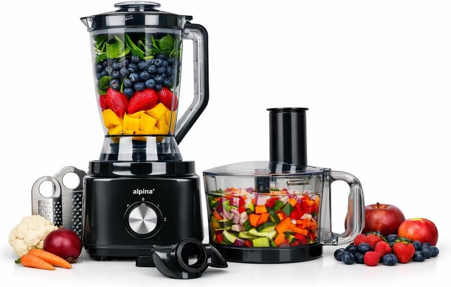Alpina Keukenmachine FP413GS Blender Smoothie Maker 1.8L Foodprocessor met Snijmessen en Raspschijven Hakmolen Elektrisch 750W Zwart